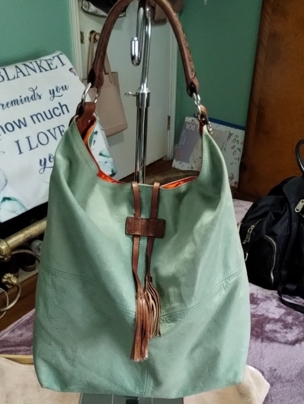 Tano Soft Mint Leather Hobo Bag with Brown Trim
